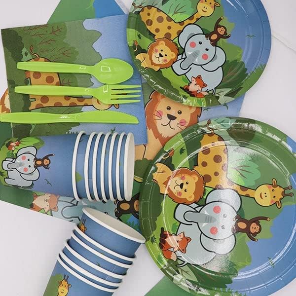 Jungle Animals Birthday Party Tableware Decoration Animals Party Tableware Supplies Set 114PC Animal Party Plates Cups Napkins Tablecloth Banner for Kids Birthday Baby Shower Decorations Pack for 16