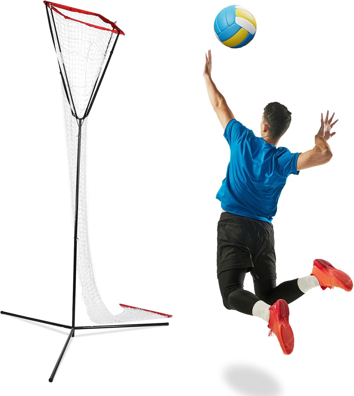 Volleyball Setting Trainer Volleyball Setter, 88-130In Height & Angle Adjustable Training Equipment Target Net with Target Hoop Ball Collection Bag for Setter Practice
