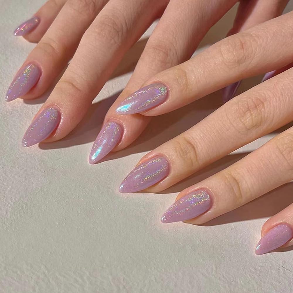 Purple Chrome Cat Eye False Nails Almond, SXVME Glitter Press on Nails Medium Almond