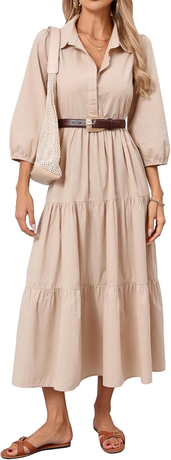 Women Button Down Maxi Shirt Dress Long Sleeve Flowy Tiered Collared Dresses with Pockets