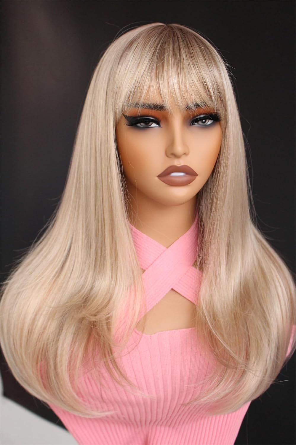 Aisom Bangs Highlight Blonde Wig Straight 2x1 HD Synthetic Lace Wig for Women Glueless Lace Wig Blonde Colored Wig 16 Inch