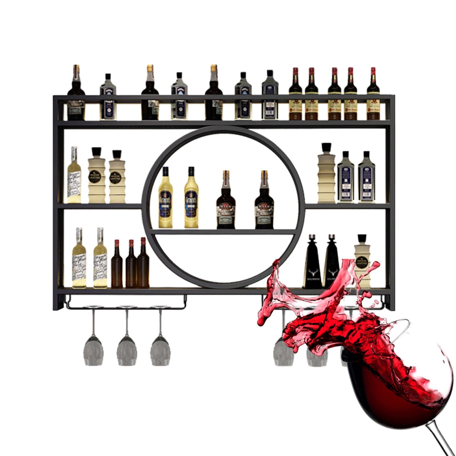 Casier à vin mural LED à 3 niveaux pour bouteilles et verres suspendus