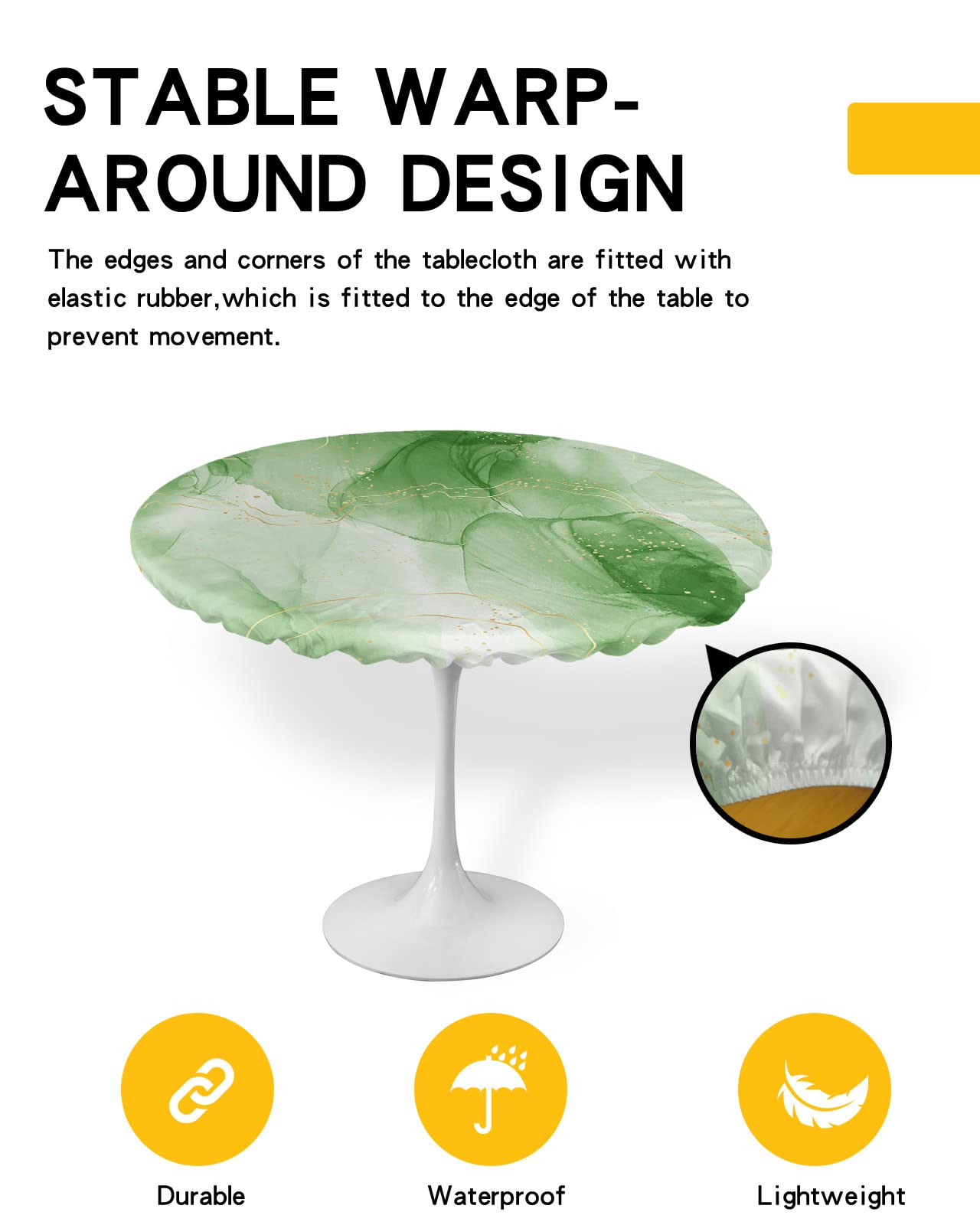 Marble Green Round Waterproof Table Cover Fitted Tablecloth, Wipeable Fabric Elastic Table Cloth Oil-Proof Tablecover for Indoor Outdoor Picnic Party, Modern Minimalist Geometric Abstract Gold 55