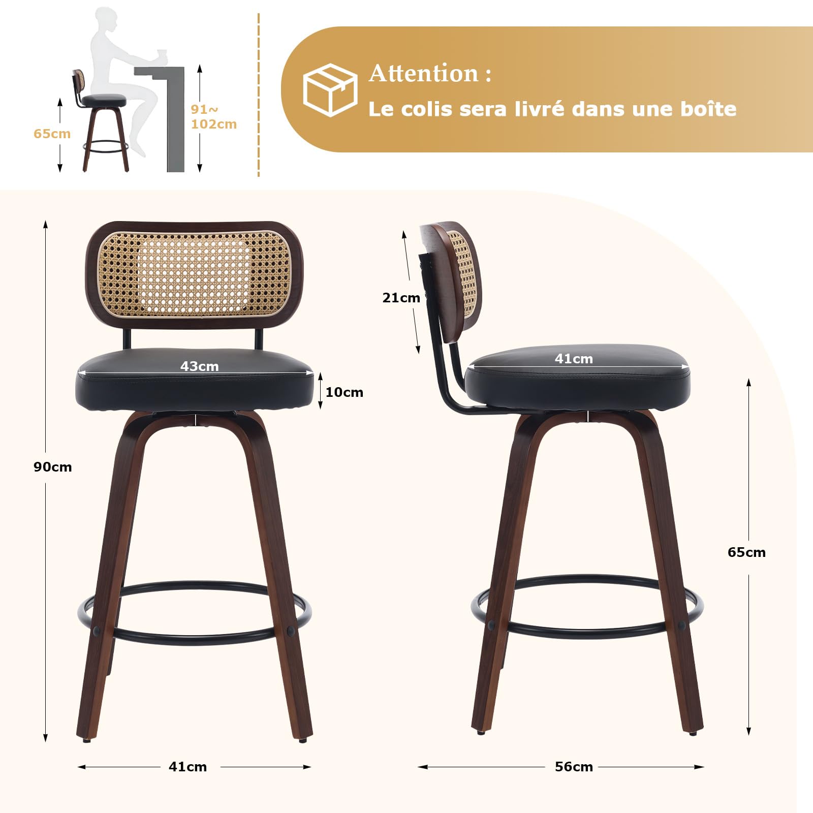 SoarFlash Lot de 3 tabourets de Bar pivotants, Hauteur d’Assise 65 cm, Dossier en rotin, Assise PU, Pieds Noyer, Repose-Pieds métallique. Tabouret Moderne pour îlot de Cuisine et Salle à Manger, Noir