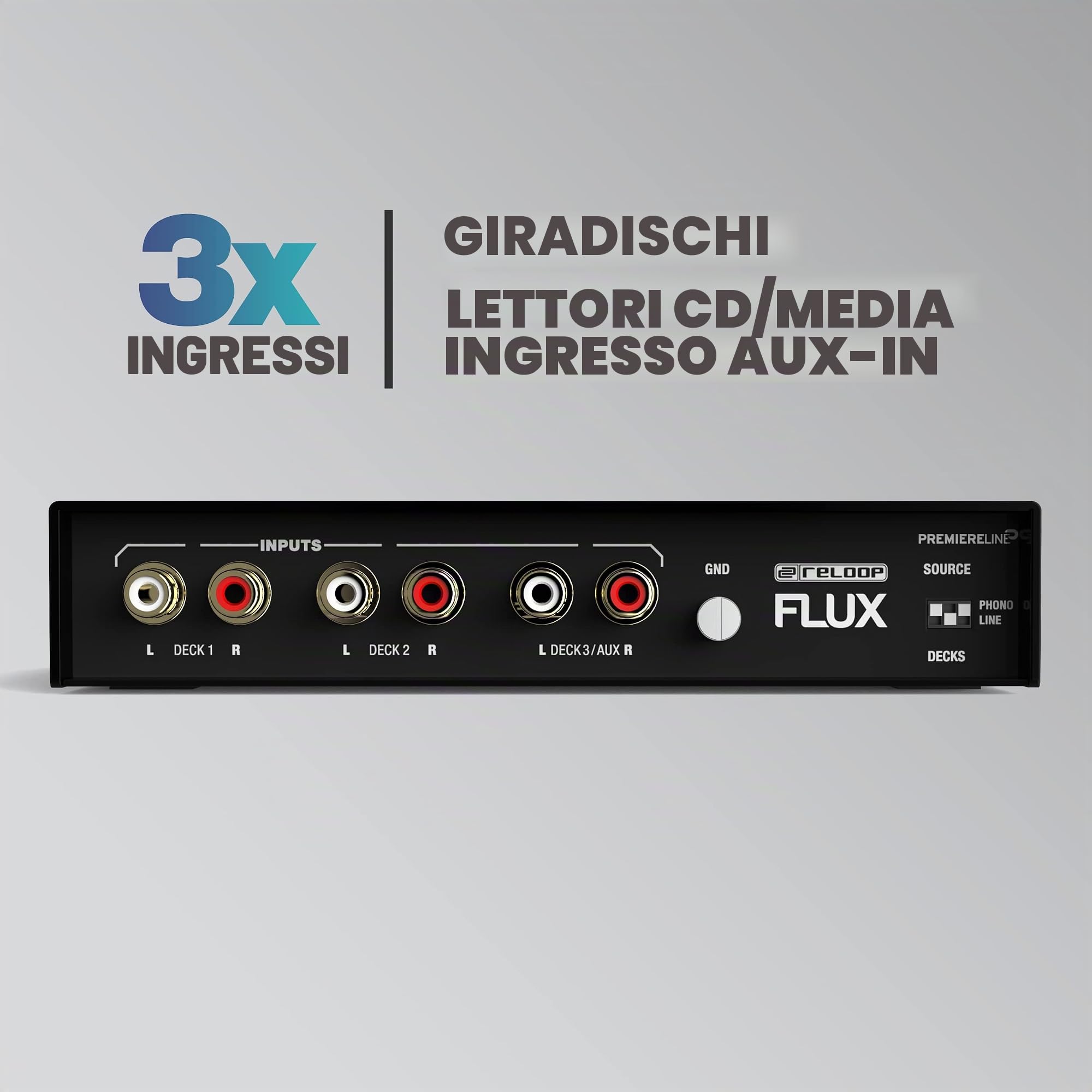 Reloop Flux - Interfaccia 6x6 IN/OUT USB-C DVS per Serato DJ Pro, 24-bit/96 kHz, compatibile con giradischi, CDJ o altri lettori multimediali, hub USB-A a 2 porte, robusto alloggiamento in metallo.