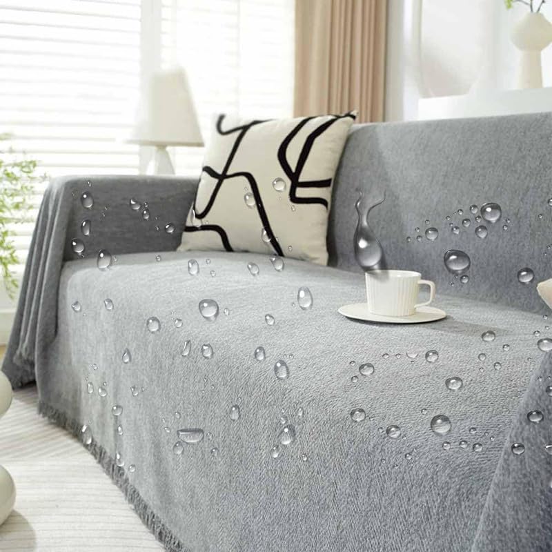 MXCZFC Chenille Sofa Throw Blanket, Grey, 180x130cm, Water Resistant, Non-Slip, Tassel, All-Season, Home Decor, Picnic, Bed, Sofa, Outdoor