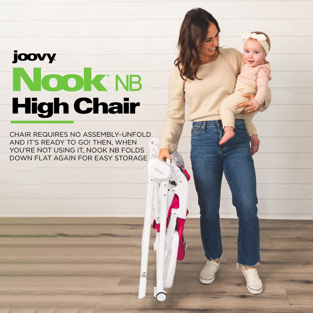 Joovy Nook NB High Chair Featuring Four-Position Adjustable Swing Open Tray, 3-Position Reclining Seat, and Front Wheels for Added Mobility - Folds Down Flat for Easy Storage, Pink Crush