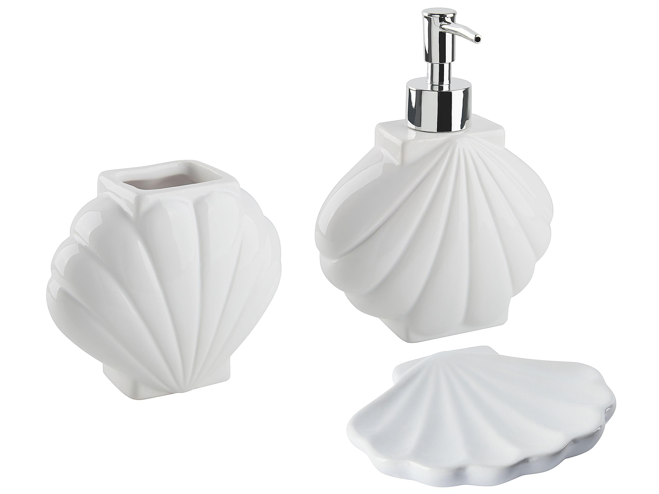 Beliani White 3-Piece Bathroom Accessories Set Dolomite Dispenser Toothbrush Cup Shell