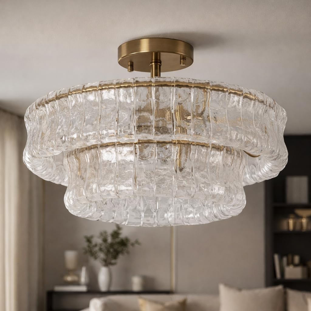 Maxax 20" Clear Glass Chandelier, Modern Luxury 6-Light Round Drum Ceiling Light Fixture, Crystal Glass, Electroplated Brass E12 Base