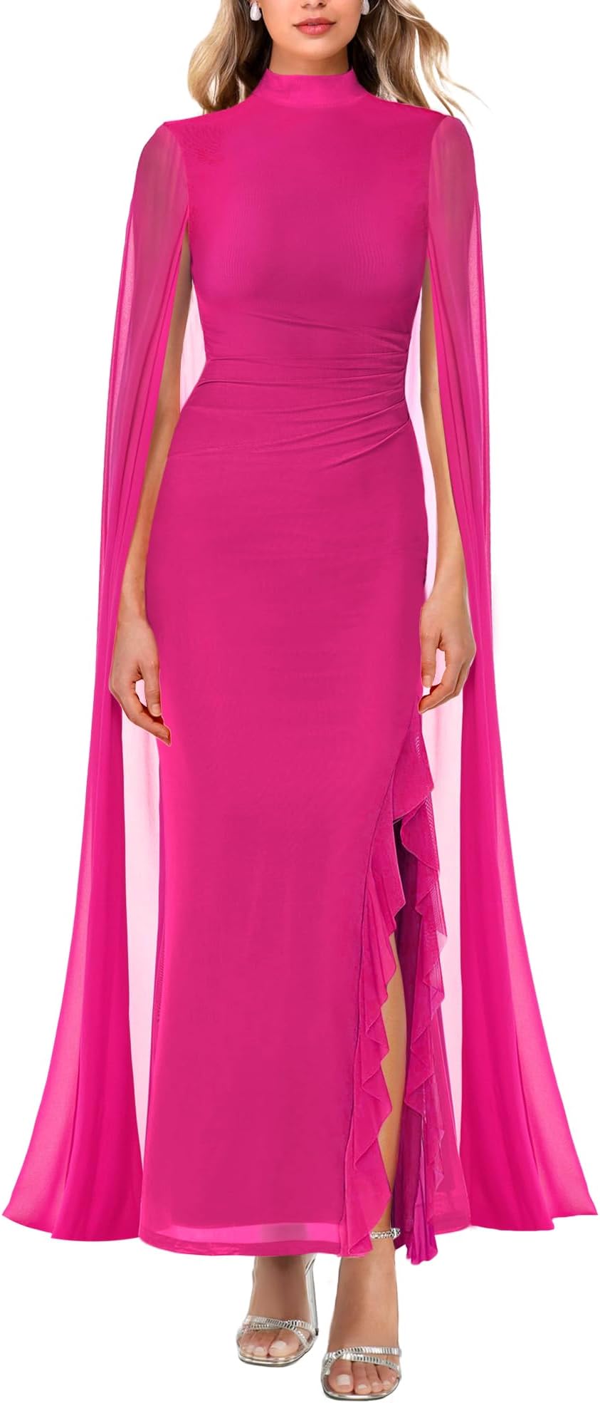 Women's Formal Dresses Ruffle High Split Long Sleeve Mesh Ruched Bodycon Evening Party Maxi Dresses with Cape