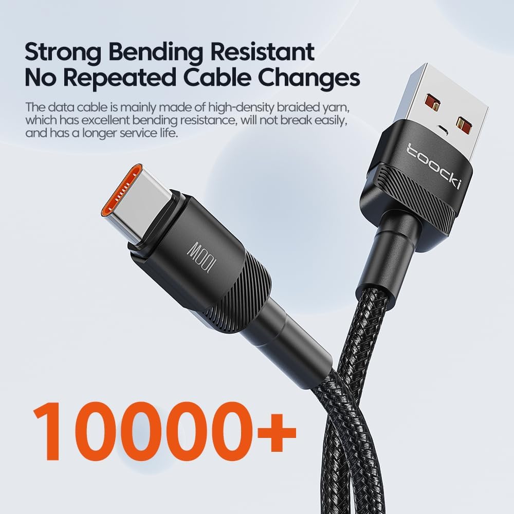Cabo Toocki Mont USB A para C com Carregamento Rápido - 100W 6A - Compatível com Android, IPhone 15 e MacBook (Preto, 3 Metros)