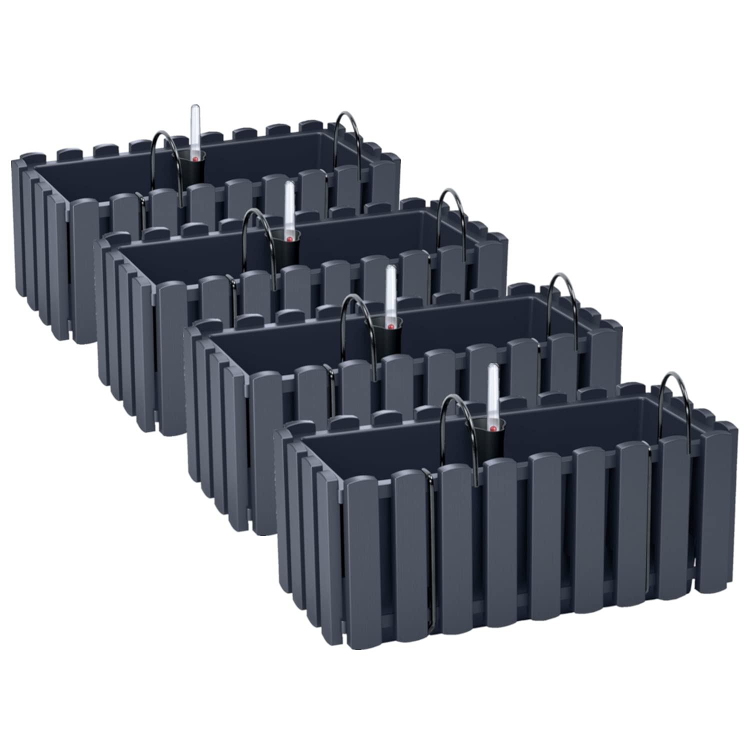 PAFEN 4X Blumenkasten Blumentopf mit Halterungen – 38 x 18 x 16,2 cm - Pflanztopf Bewässerungssystem Balkonkasten Pflanzkästen, Anthrazit