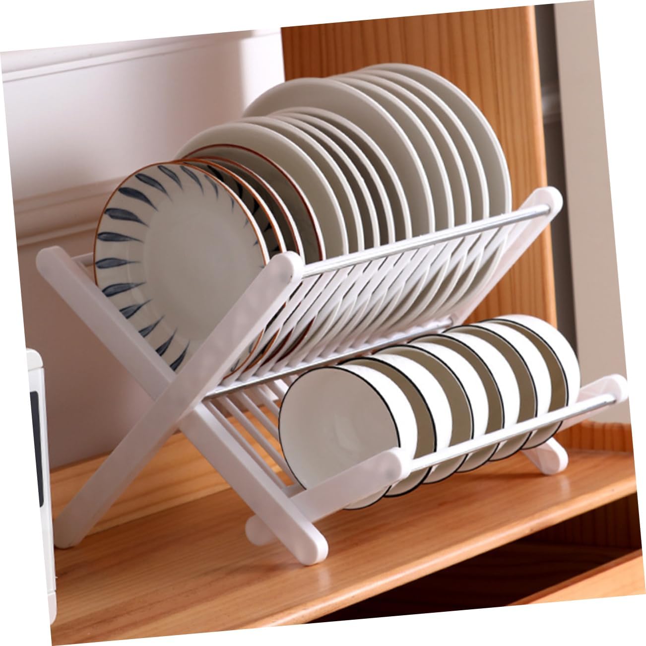 Cabilock Folding Dish Rack with Drain Tray Large Capacity Kitchen Plate Drying Strainer Smooth Surface Tableware Organizer for Bowls and Plates Space Saving White Dish Drainer for