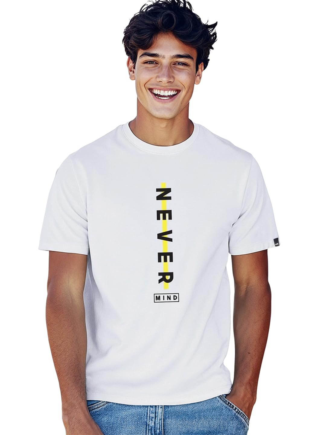 Bewakoof Camiseta estampada 100% algodón para hombre, ajuste regular, cuello redondo, media manga, blanco, 48