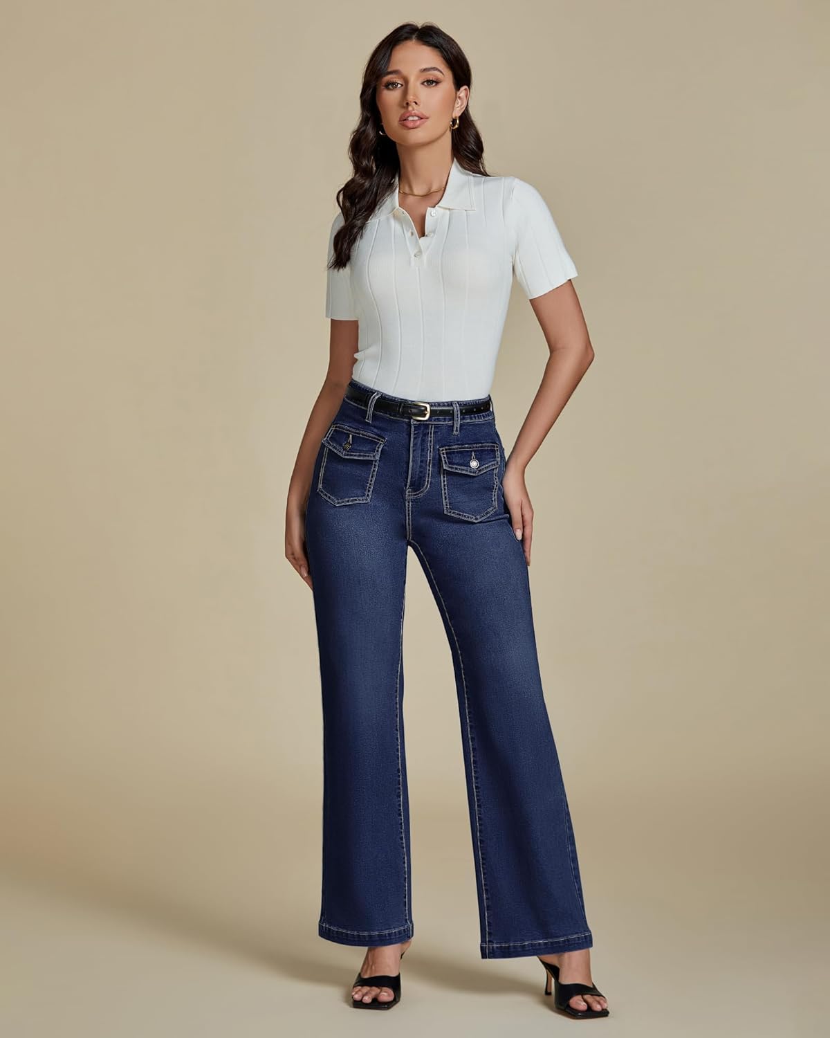 luvamia Wide Leg Jeans Woman High Waisted Trendy Stretchy Denim Work Trouser Jeans with Retro Button Flap Patch Pockets - Image 6