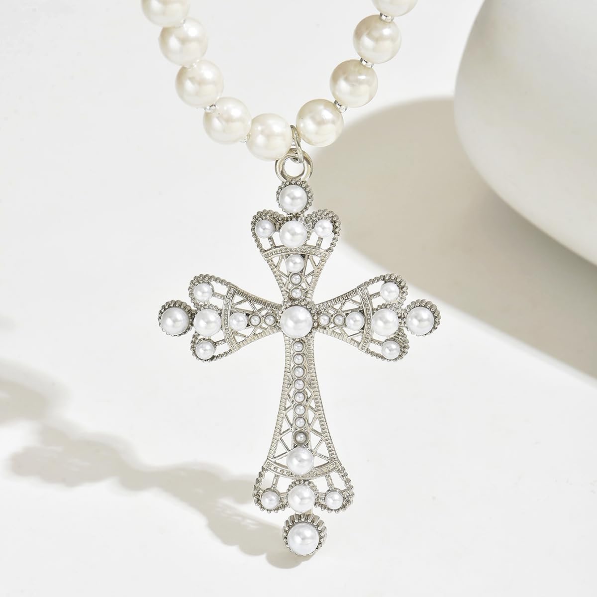 Pearl Cross Necklace for Women,Gothic Gold Chunky Long Big Cross Pendant Necklace,Pearl Beads Chain Large Crucifix Dangle Necklace for Punk Party - Image 5