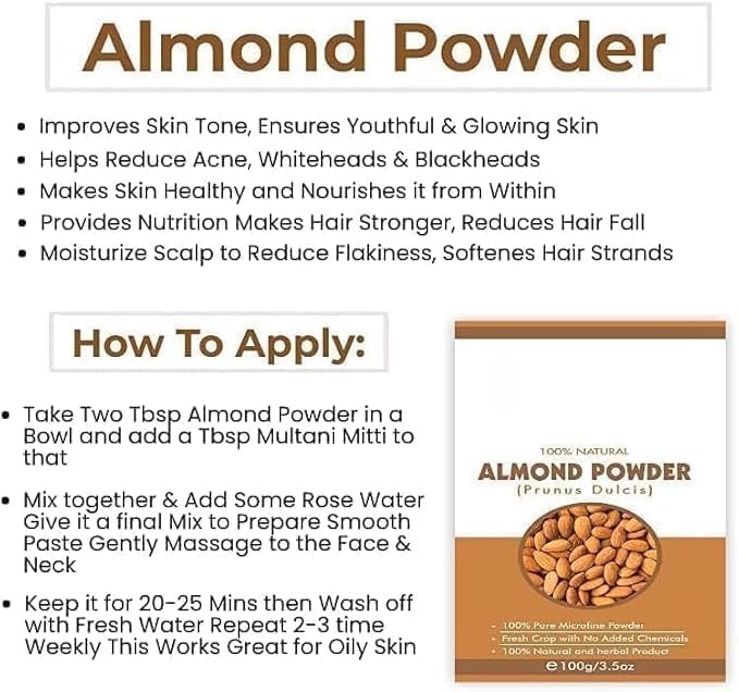 DS 100% Organic Pure Almond Pow.der | Natural Badam Pow.der | Almond Powder for Face | Badam Pow.der for Hair | Complete Skin Care, 100 Grams