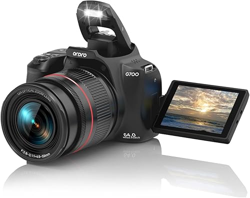 Ordro Cámara digital G700, 64MP  Zoom óptico 12X  Video 4K  AFMF  Pantalla táctil de 3.0 pulgadas  Flash integrado  2 baterías (negro)