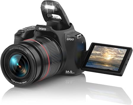Ordro G700 Digital Camera, 12X Optical Zoom | 4K Video | AF/MF | 3.0" Touch Screen | Built-in Flash | 2 Batteries Black