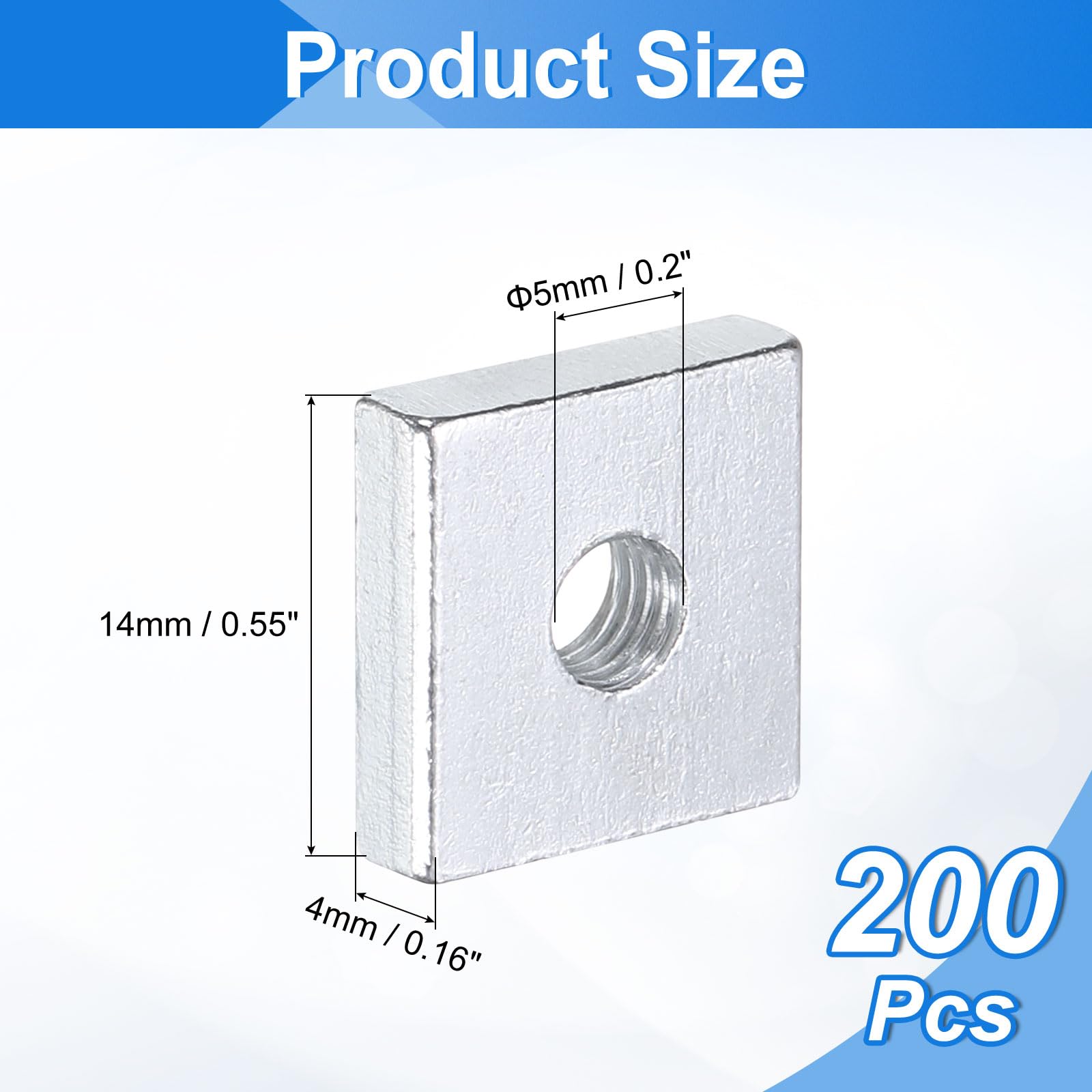 uxcell 200 tuercas cuadradas M5 x 14 mm x 4 mm, acero al carbono, chapado en zinc, tuercas cuadradas de rosca gruesa para reparaciones del hogar e ingeniería profesional, color plateado