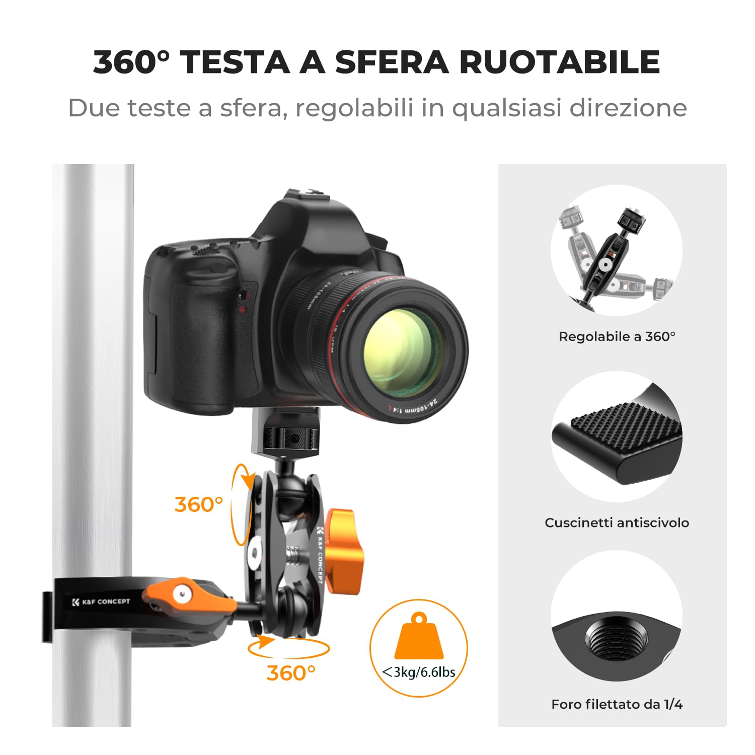 K&F CONCEPT Braccio Magico con Super Clamp, Super morsetto con braccio a sfera a 360°, supporto per Fotocamera, Smartphone, Action Camera, Flash, DSLR, Stabilizzator- MS13