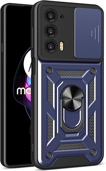 Case for Motorola Moto Edge 20 Pro, Rugged Shockproof Cover with 360 Rotatable Magnetic Kickstand and Slide Camera Lens Cover Case for Motorola Moto Edge 20 Pro-Blue