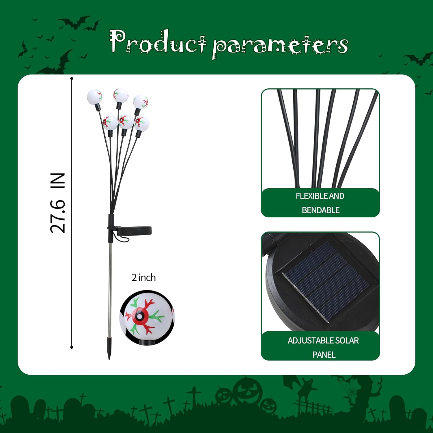 Solar Halloween Lights，2 Pack Outdoor Halloween Decorations Lights, 12LED Green Eyeball Swaying Lamps for Garden Decor, Yard, Lawn, Party Decorations