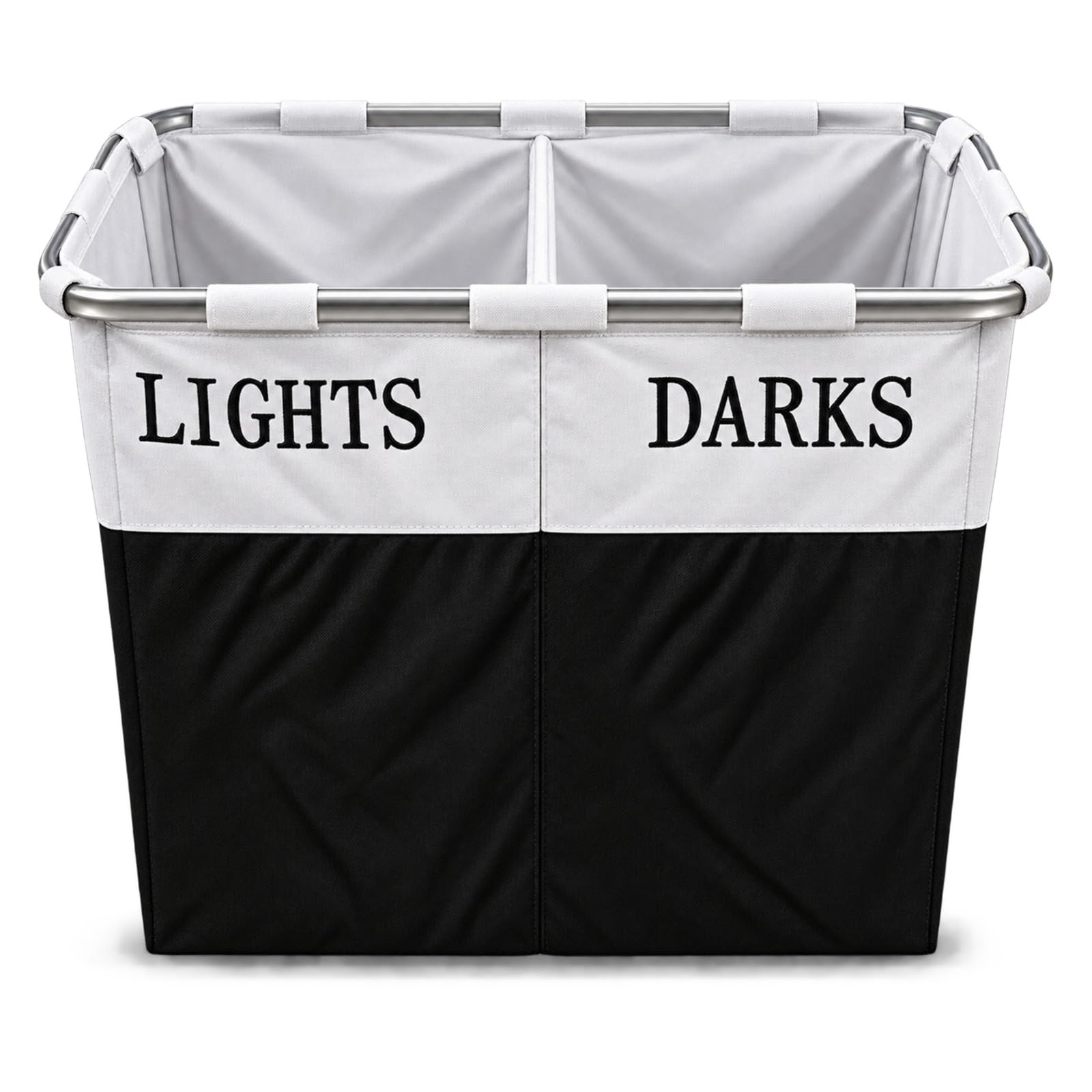 2 Compartment Laundry Basket, Folding Laundry Sorter for Lights & Darks, Large Double Clothes Hamper with Aluminium Frame, (Black White)