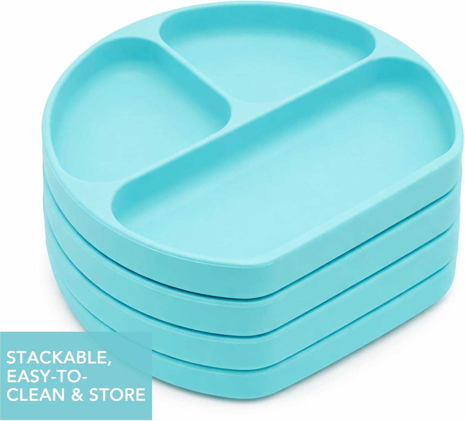 Bumkins Toddler and Baby Suction Plates, Silicone Divided Grip Dishes for Babies and Kids, Baby Led Weaning, Children Supplies, Non Skid Bottom, Platinum Silicone, 6 Months Up, Blue 4-pack