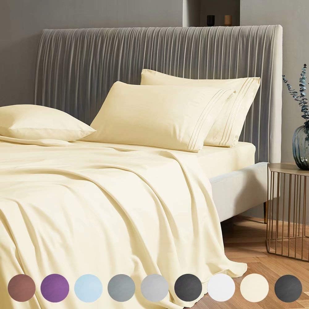 SAKIAO California King Bed Sheets Set - Brushed Microfiber 1800 Thread Count Percale - 16" Deep Pocket Egyptian Sheets Beautiful - 4 Piece (Yellow,Cal King)