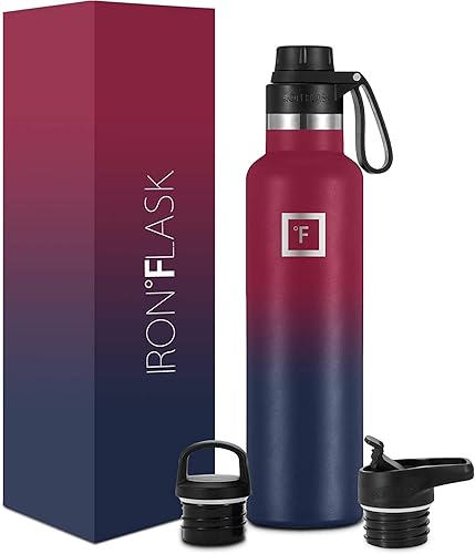 IRON FLASK - Botella de agua deportiva de 12 onzas, 16, 20, 24, 32, y 64 onzas, 3 tapas (tapa de boquilla), acero inoxidable aislado al vacío, frío,