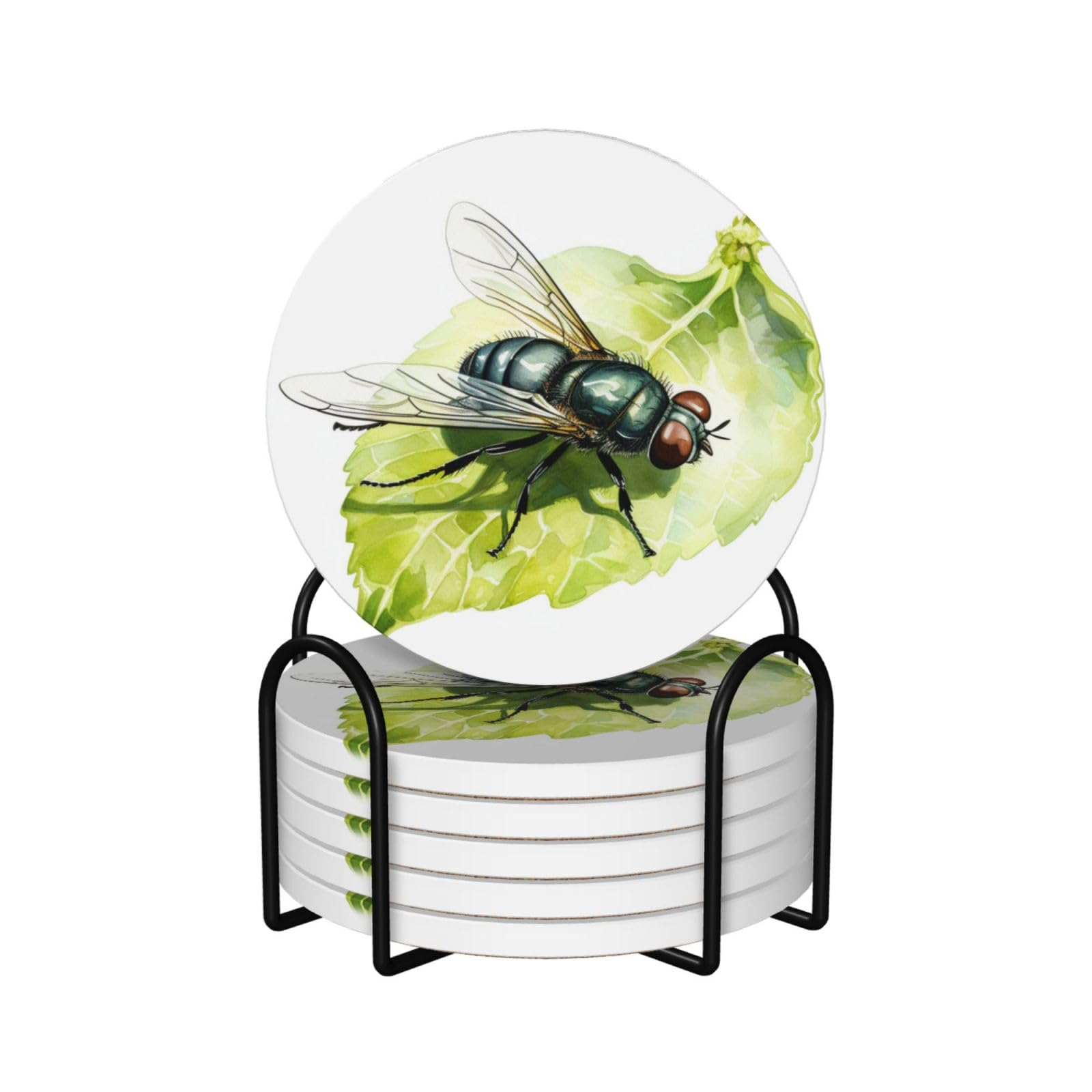 Fly On A Leaf Ceramic Coasters with Holder 6ps