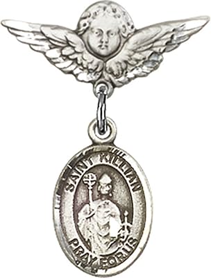 Sterling Silver Baby Badge with St. Kilian Charm and Angel w/Wings Badge Pin 7/8 X 3/4 inches