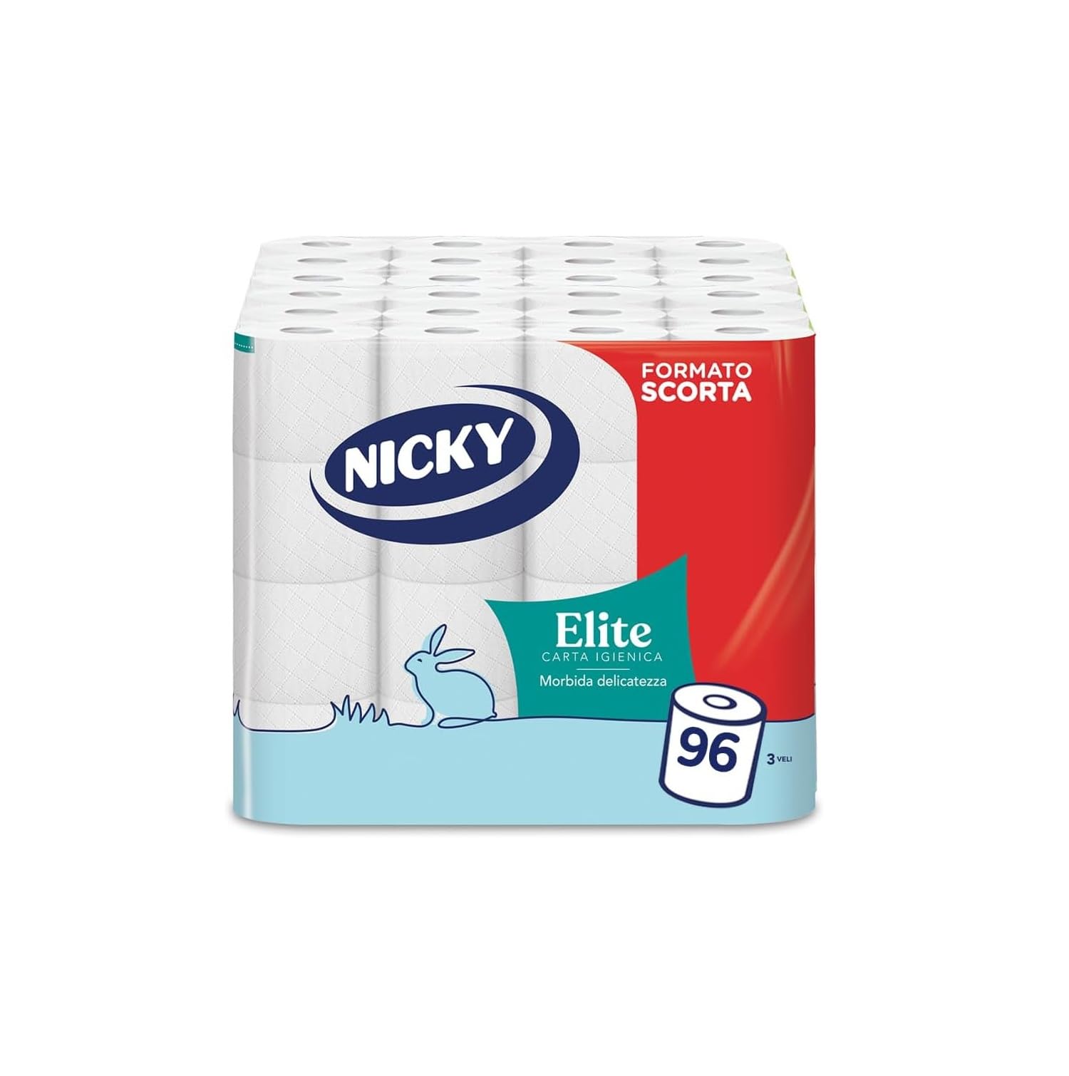 Nicky Elite - 96 Rotoli di Carta Igienica, 150 Soffici Fogli a 3 Veli, Morbida e Resistente a Contatto con la Pelle, Dermatologicamente Testata, Carta 100% Certificata FSC®