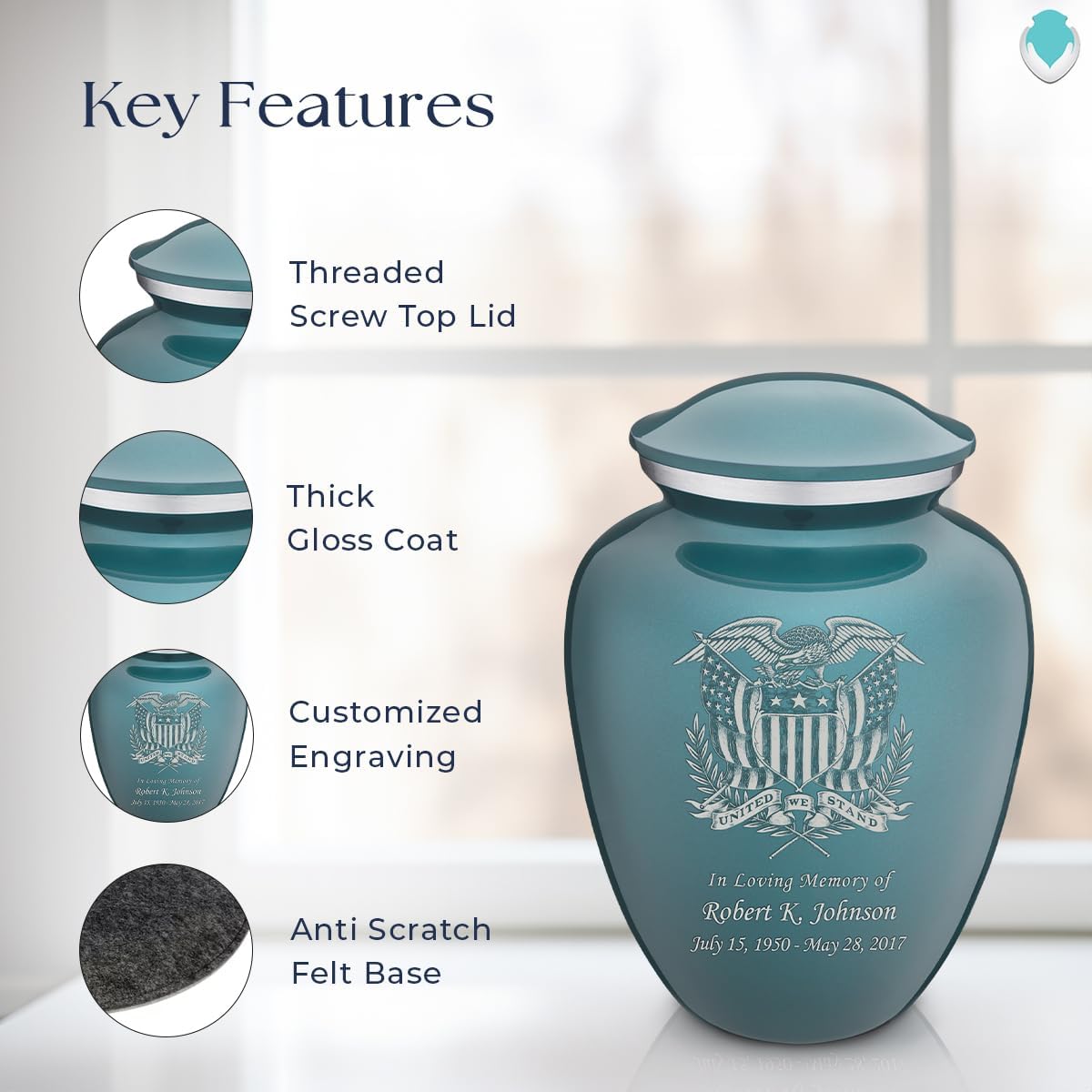 Geturns Embrace Adult Personalized American Glory Cremation Urns for Human Ashes I Large Teal Funeral Urn for Men and Women I 200 lbs