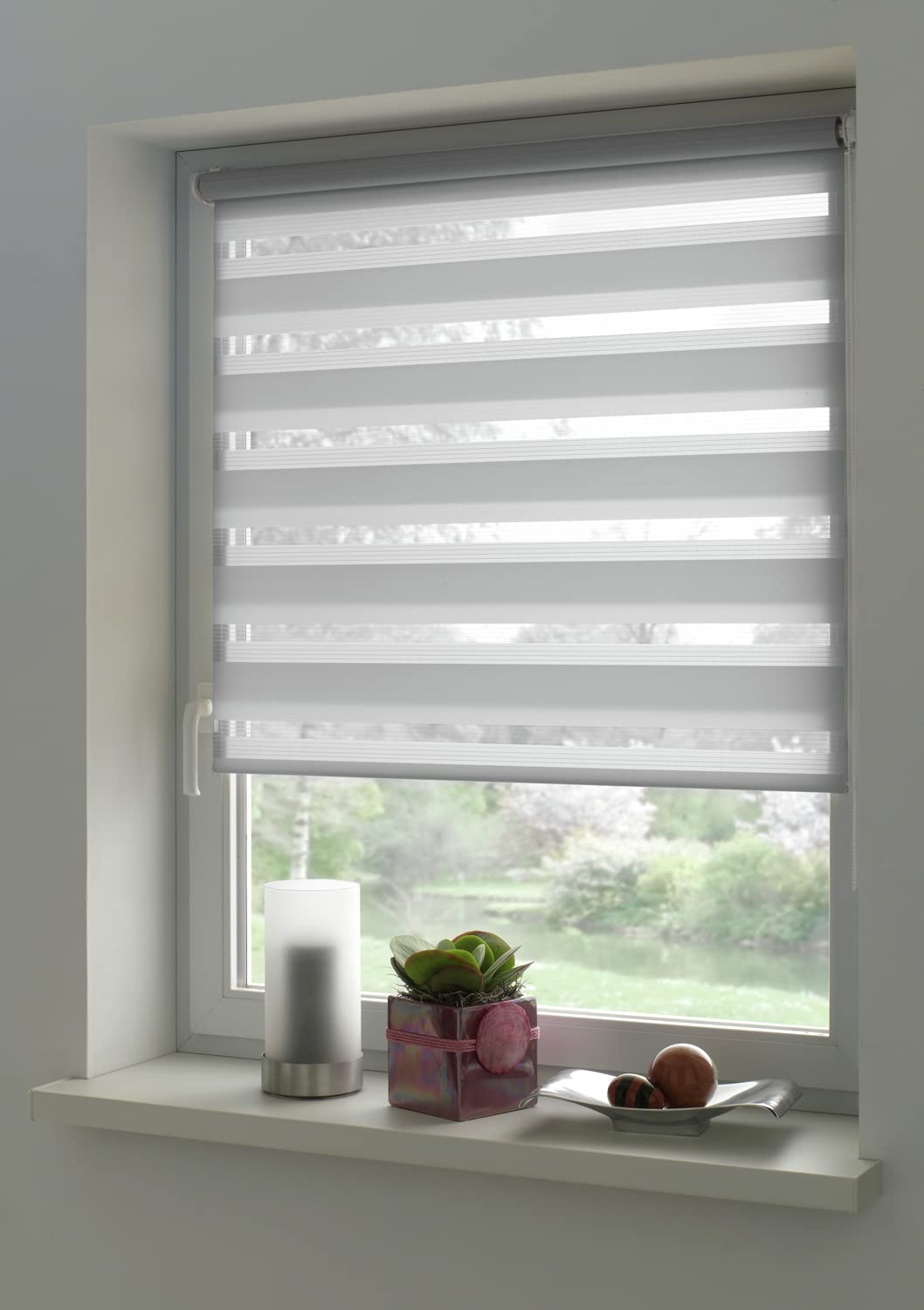 Deco Company Double Store à Clipser, Store Enrouleur à Commande Latérale sans perçage, Bandes Transparentes et Opaques, Kit de Montage Inclus, Polyester, Gris Clair, 90 x 210 cm