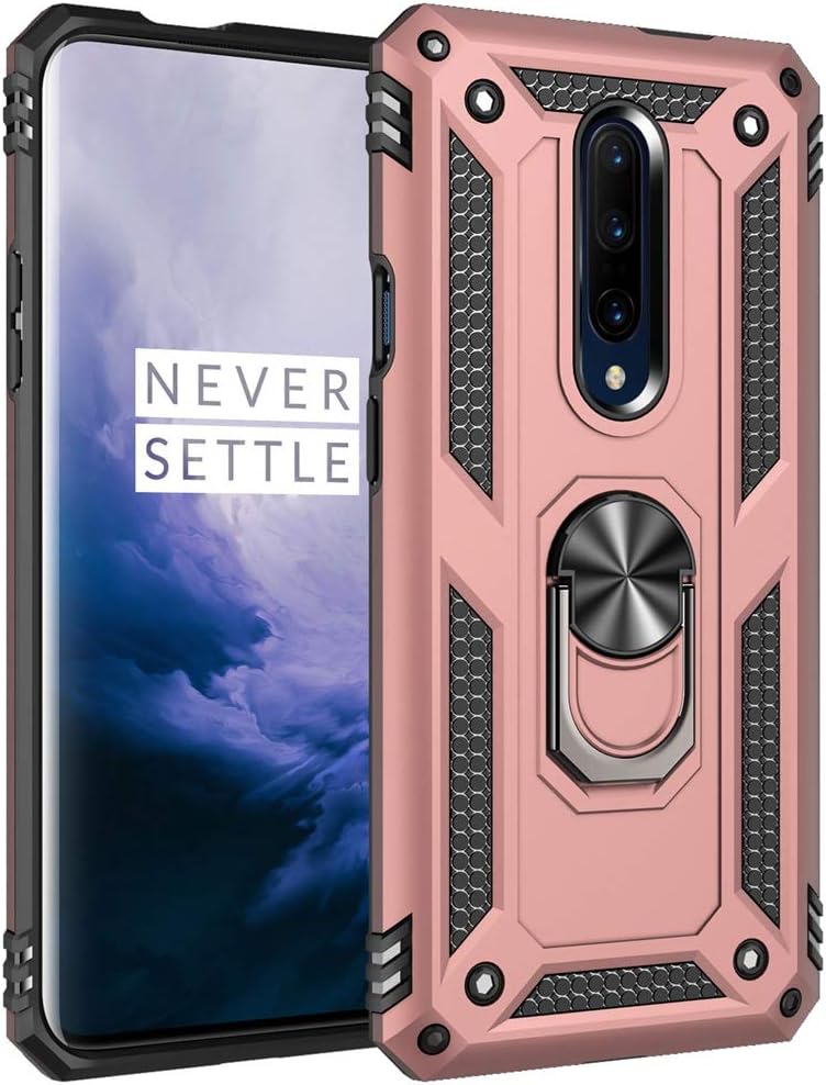Military Grade Drop Impact for Oneplus 7 Pro Case 360 Metal Rotating Ring Kickstand Holder Magnetic Car Mount Armor Heavy Duty Shockproof Case for Oneplus 7 Pro Phone Protection Case (Rose Gold)