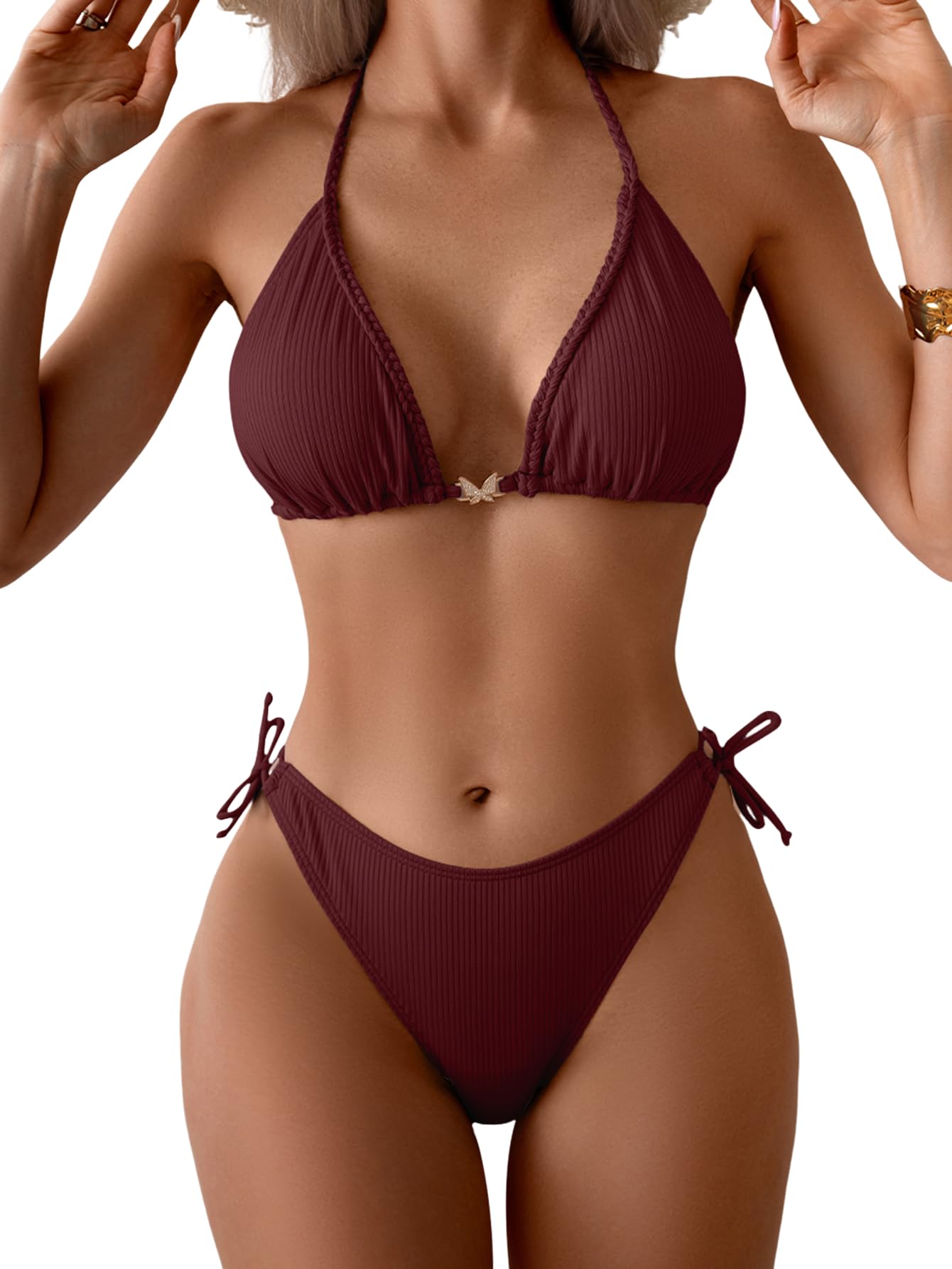 Eomenie Ribbed Bikini Sets for Women Sexy Halter Triangle Top Two Piece Bathing Suit Tie Side Swimsuit