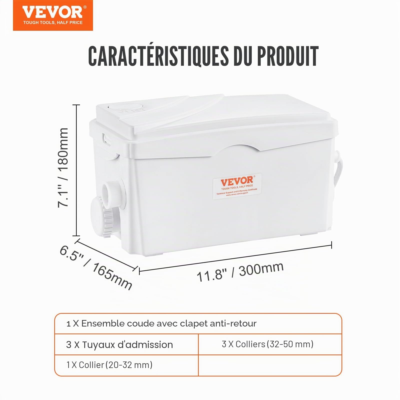 VEVOR Système de levage 350 W Débit 6000 l/h Hauteur de refoulement 7 m Pompe à eaux usées avec 3 entrées d'eau pour cave, cuisine, évier, douche, baignoire, évacuation des eaux usées du linge,