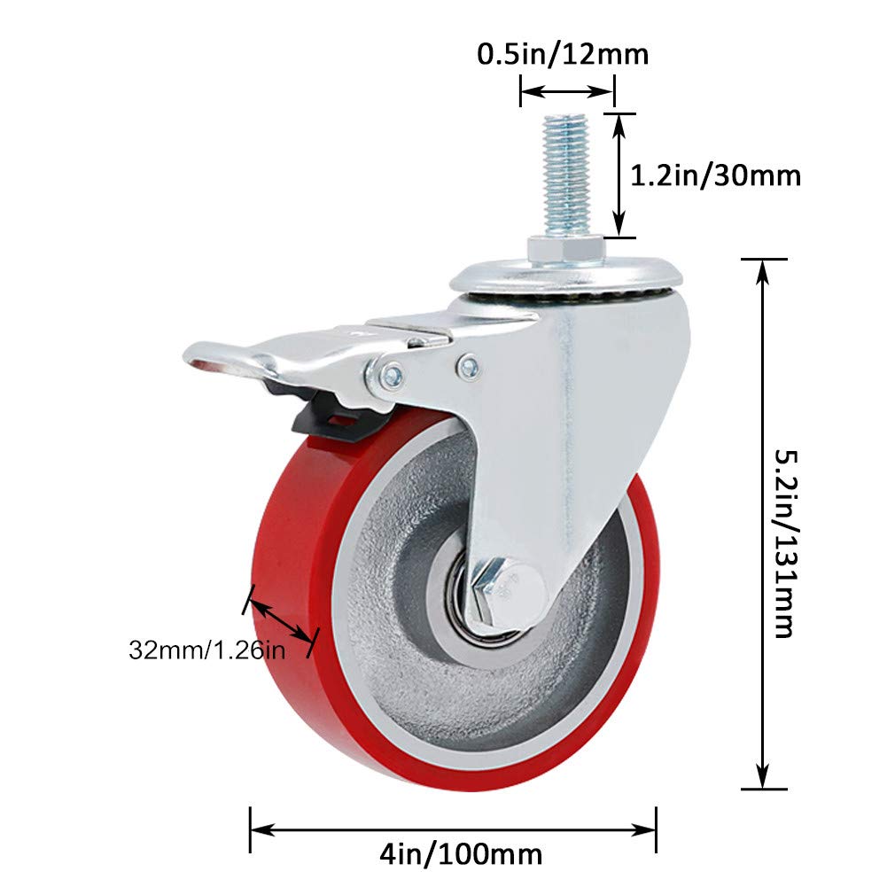 Lot de 4 Roulettes Pivotante Pour Meuble,Roues Industrielle en Polyuréthane Rouge Lourd,Tige Filetée M12x30mm,Capacité Maximale 600kg,Remplacement Pour Chariots,établi (100mm,Frein)