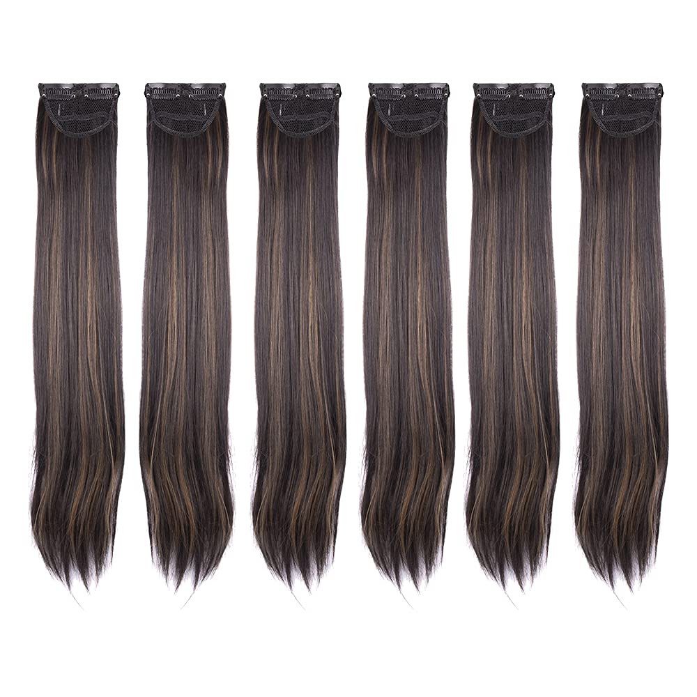 STREAK STREET CLIP-IN 24" STRAIGHT DARK BROWN SIDE PATCHES WITH GOLDEN HIGHLIGHTS (6pcs Set)