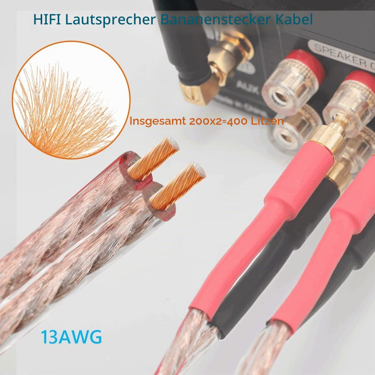 13 AWG Bananen-Lautsprecherkabel, 2 Pack 3m HiFi-Lautsprecherkabel mit vergoldeten Bananensteckern, Audiophile Stecker zu Stecker Audio Kabel für Audiophile (3m / 9.8FT)