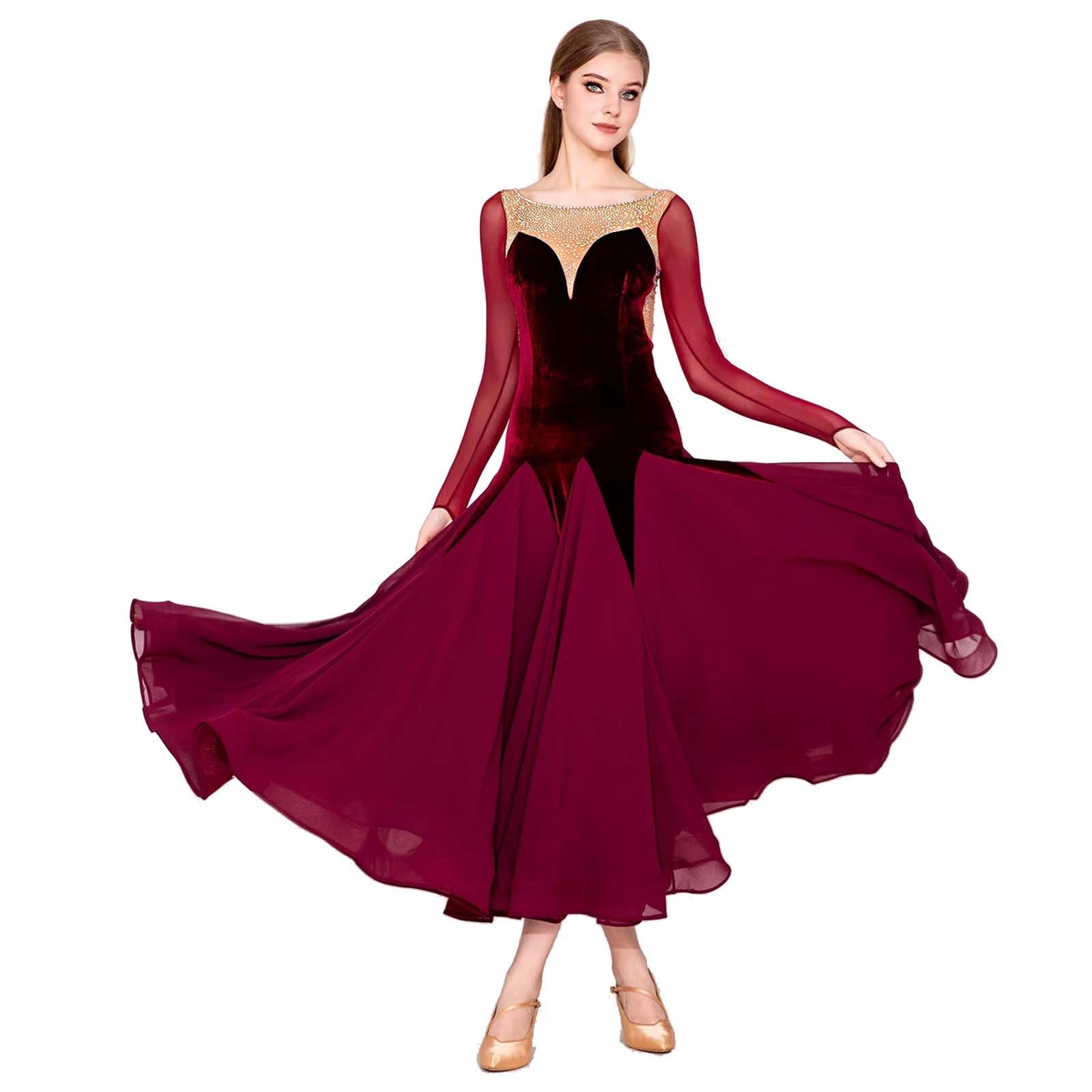 purpleq Damen Standard Tanzkleid, Langarm Walzer Kleid, Samt und Chiffon, Elegantes Performance Kleid für Standard, Latein, Tango, Salsa, Turniertanz, Rot