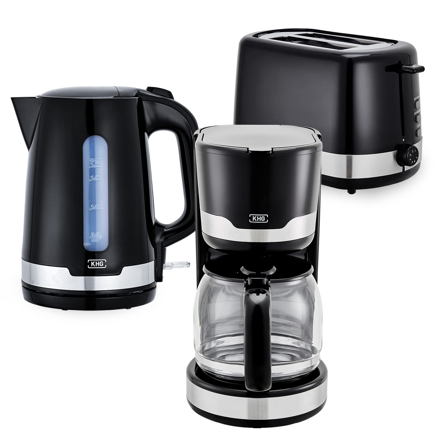 KHG Frühstücksset Kaffeemaschine Toaster Wasserkocher 3-teilig schwarz 1000 850 2200 Watt 1,7 Liter 2 Scheiben 12 Tassen