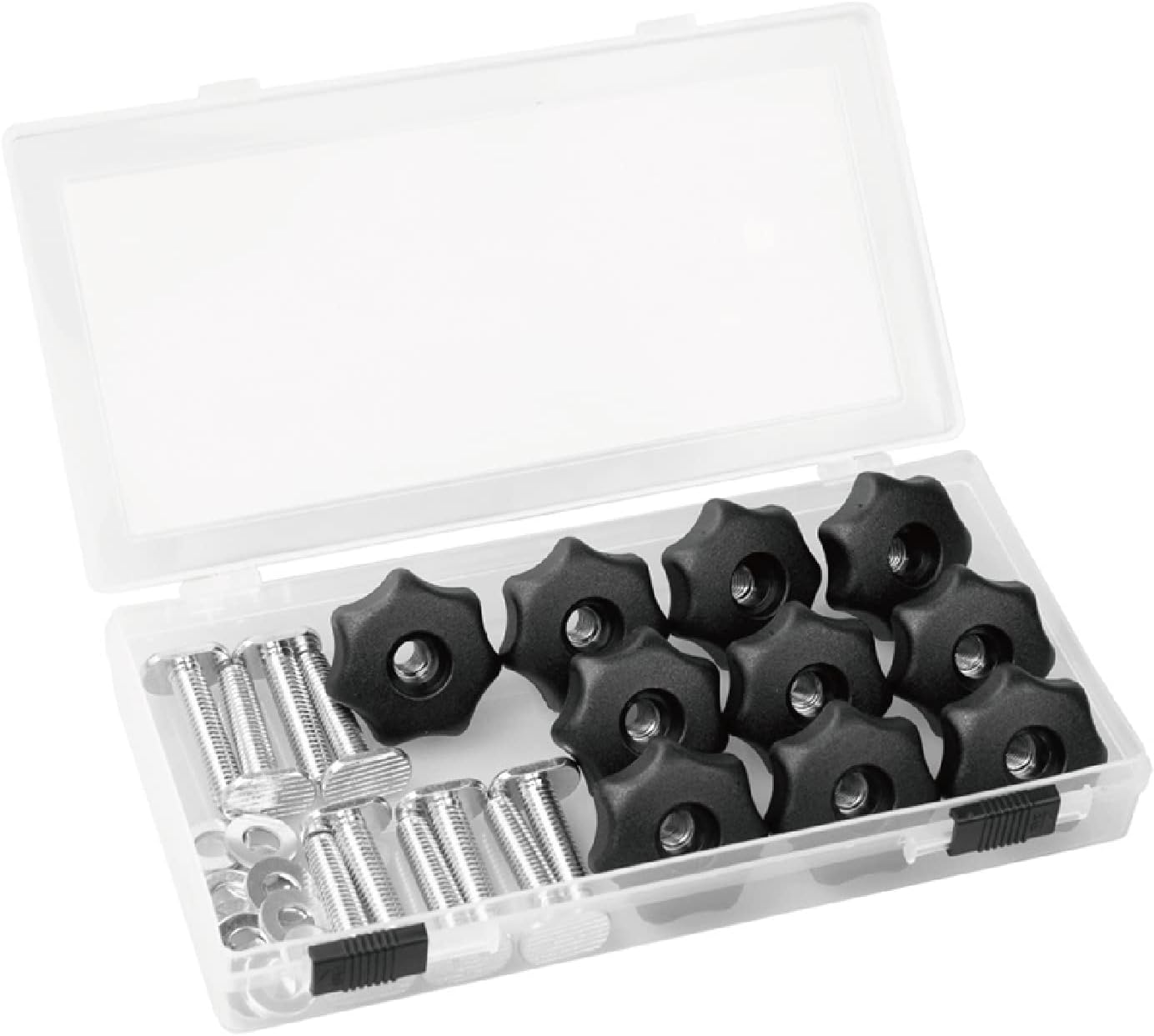 POWERTEC 71481 T-Track Knob Kit w/ 7 Star Threaded 1/4-20 Knobs, T-Bolts and Washers for Woodworking Jigs and Fixtures, 10 Pack