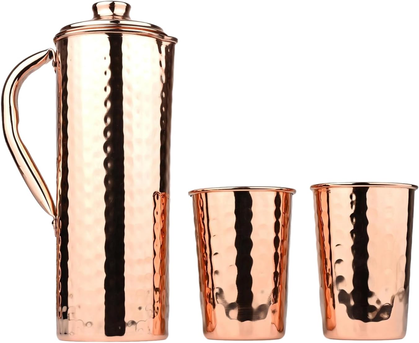 Copper Pitcher (Jug) with 2 Tumblers Hammered 1Lt (33.8 US Fl Oz) Capacity, Unlined, Uncoated and Non-Lacquered for Ayurveda Health Benefits made of Pure Copper