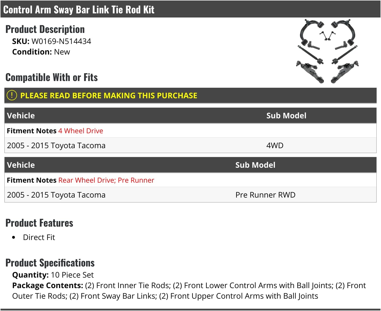 Marketplace Auto Parts Front Lower and Upper Control Arm Ball Joint Sway Bar Link and Tie Rod End Kit - 10 Piece - Compatible with 2005-2015 Toyota Tacoma