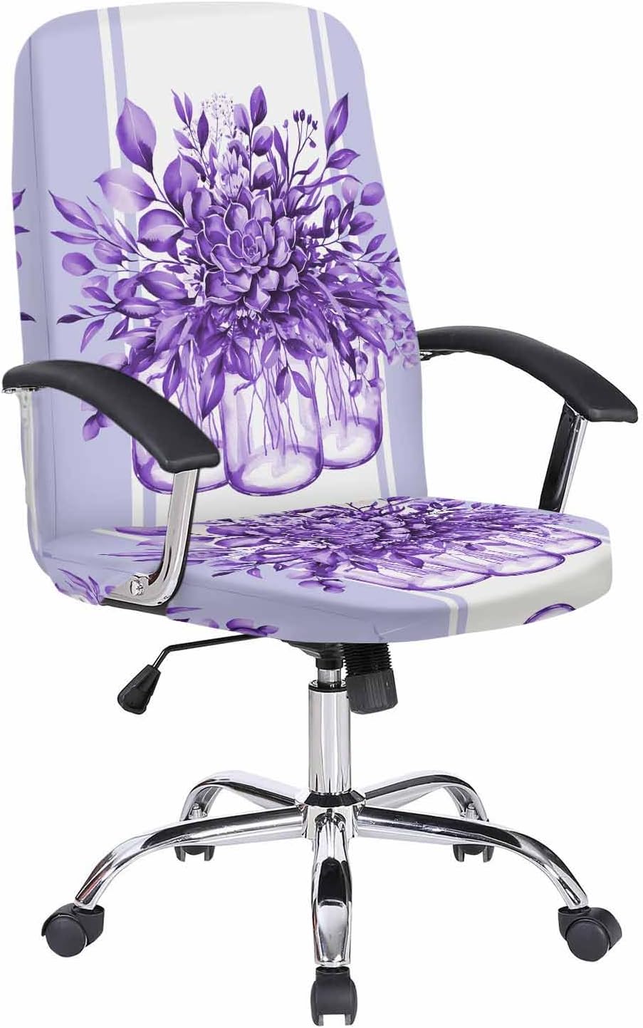 Purple Botanical Office Chair Covers with Armrest Covers, Rotating Chair Cover, Spring Summer Eucalyptus Leaves Armchair Slipcovers Decorative Backrest and Seat Protectors, Large