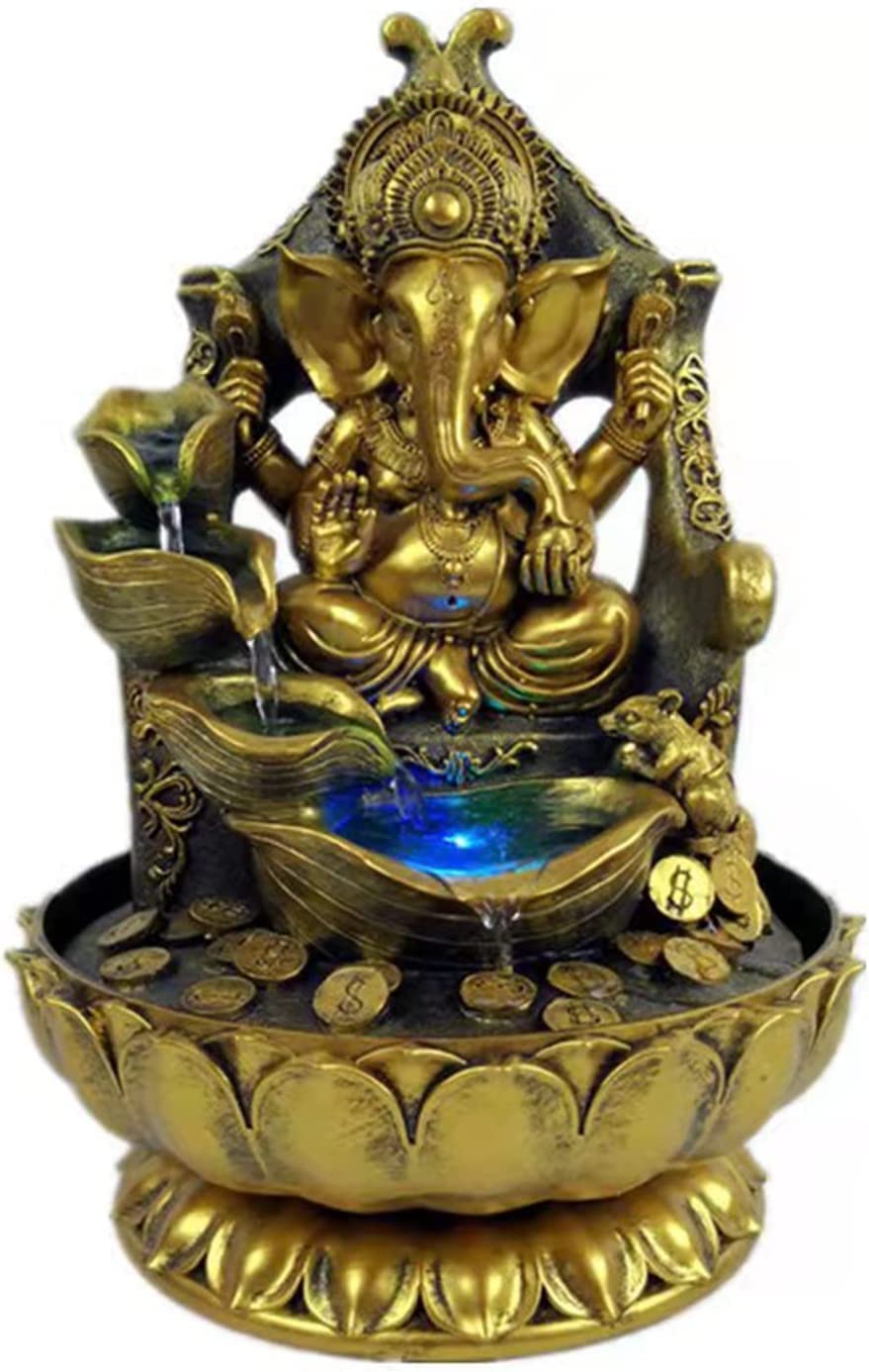 Fezda Ganesh with Decorative Work - Brass Modern Decorative Style God Ganpati Idol Water Fountain, Elephant Buddah Statute Tabletop Fountain for Home Office Bedroom Desk Decoration