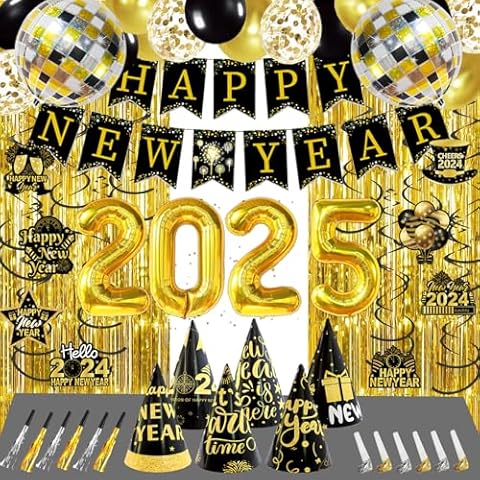 Black Gold New Year Decorations 2025 New Year Party Decorations Include New Year Balloons New Year Banner New Year Hanging Swirl and Curtains ForNew Years Eve Black and Gold Decorations Cover